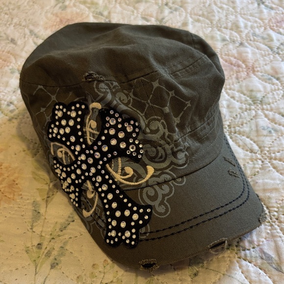 Rhinestone Cross Olive Cap - Picture 1 of 3
